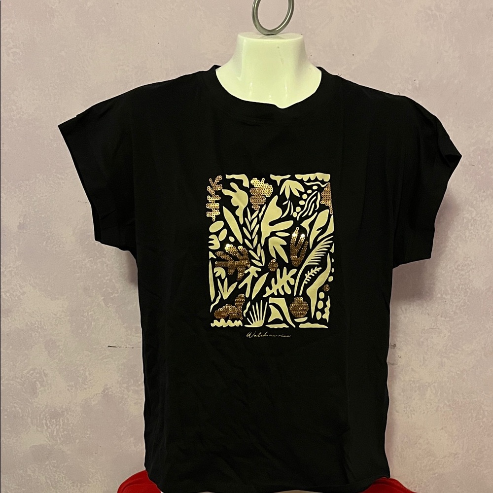 Black Graphic T-Shirt with Gold Design